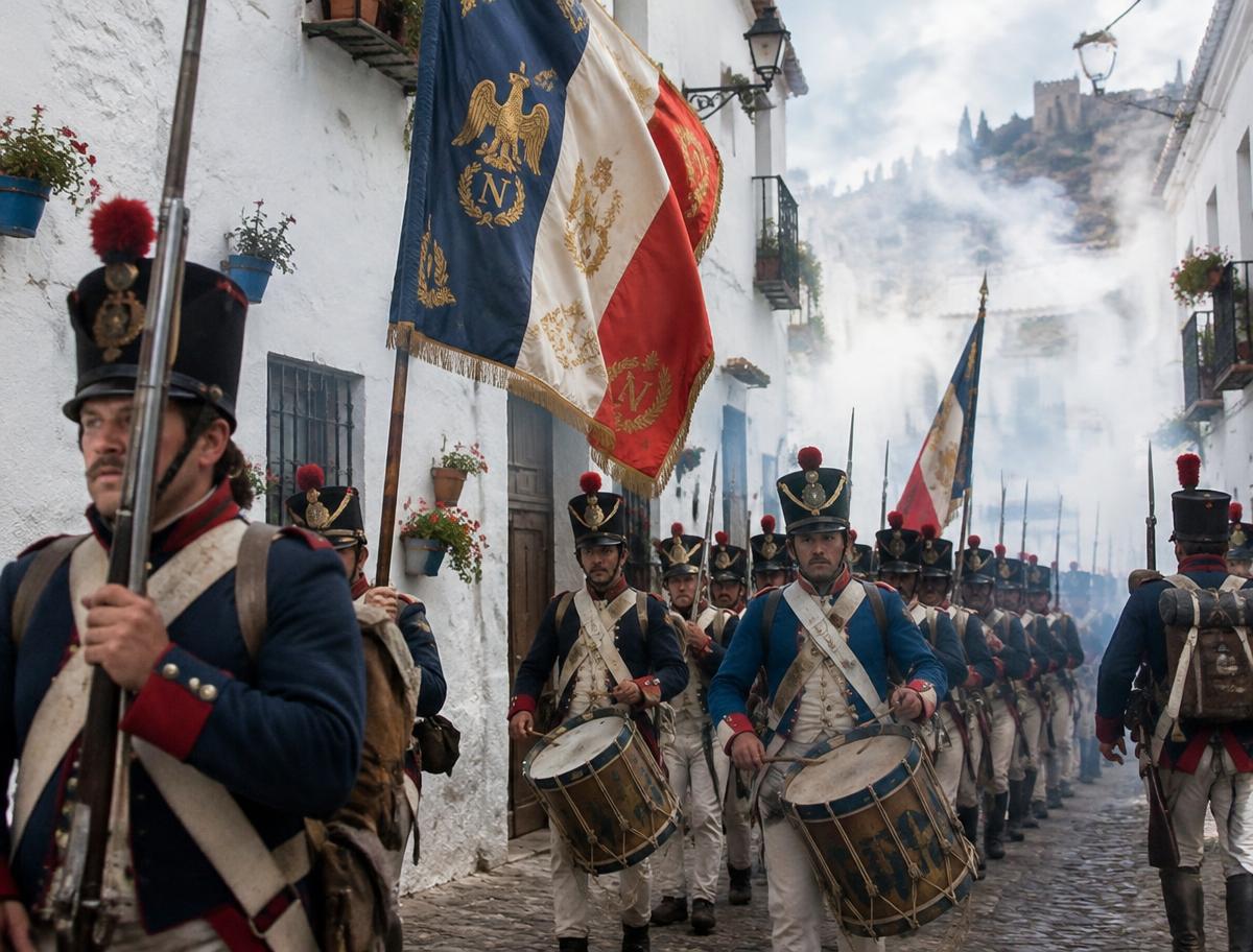 Tropas napoleónicas desfilando por las calles de El Bosque